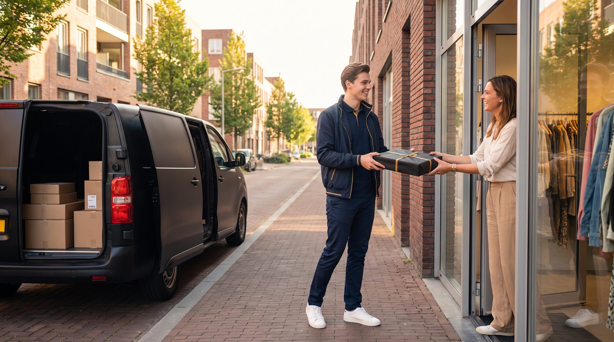 De koerier overhandigt een pakket bij de deur van een boetiek; de bestelbus staat open met pakketten.